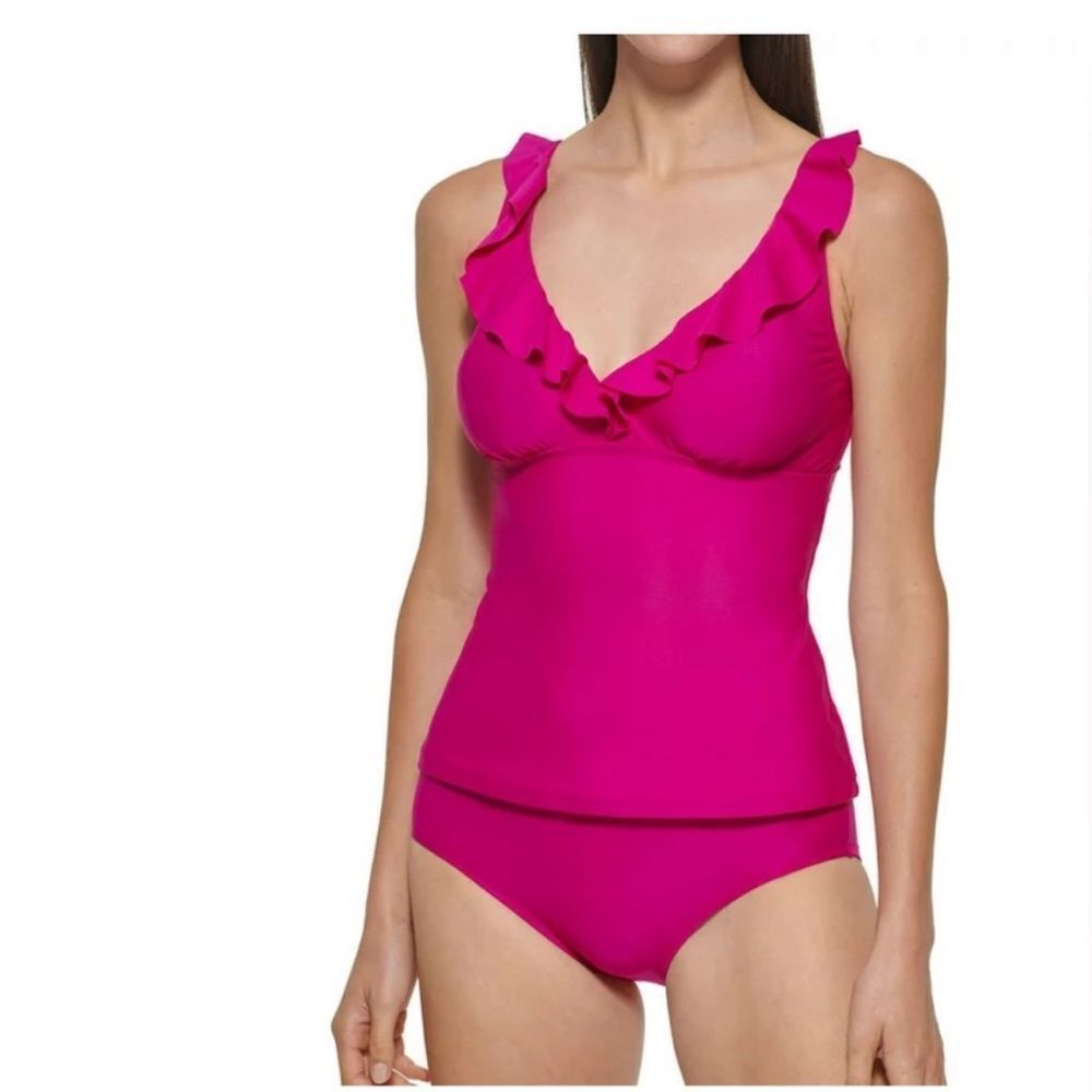 NWOT DKNY Fuchsia Ruffle Vneck Tankini Bathing Suit Swim Top Size XL